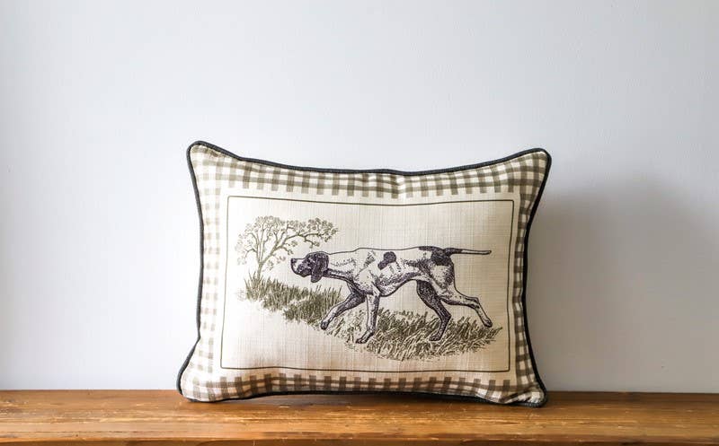 Gingham Hunting Dog Piped Pillow